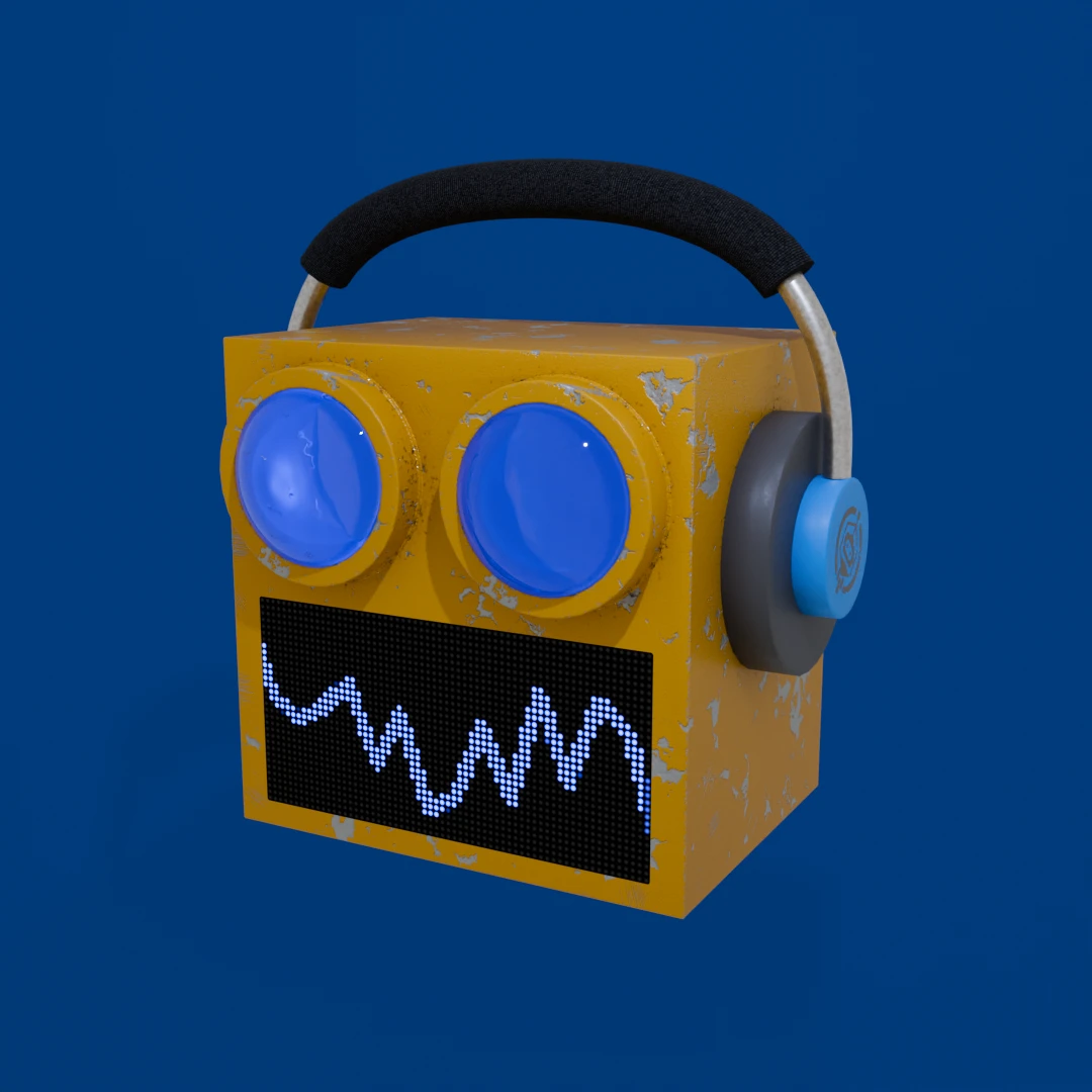 yellow robot head with headphones